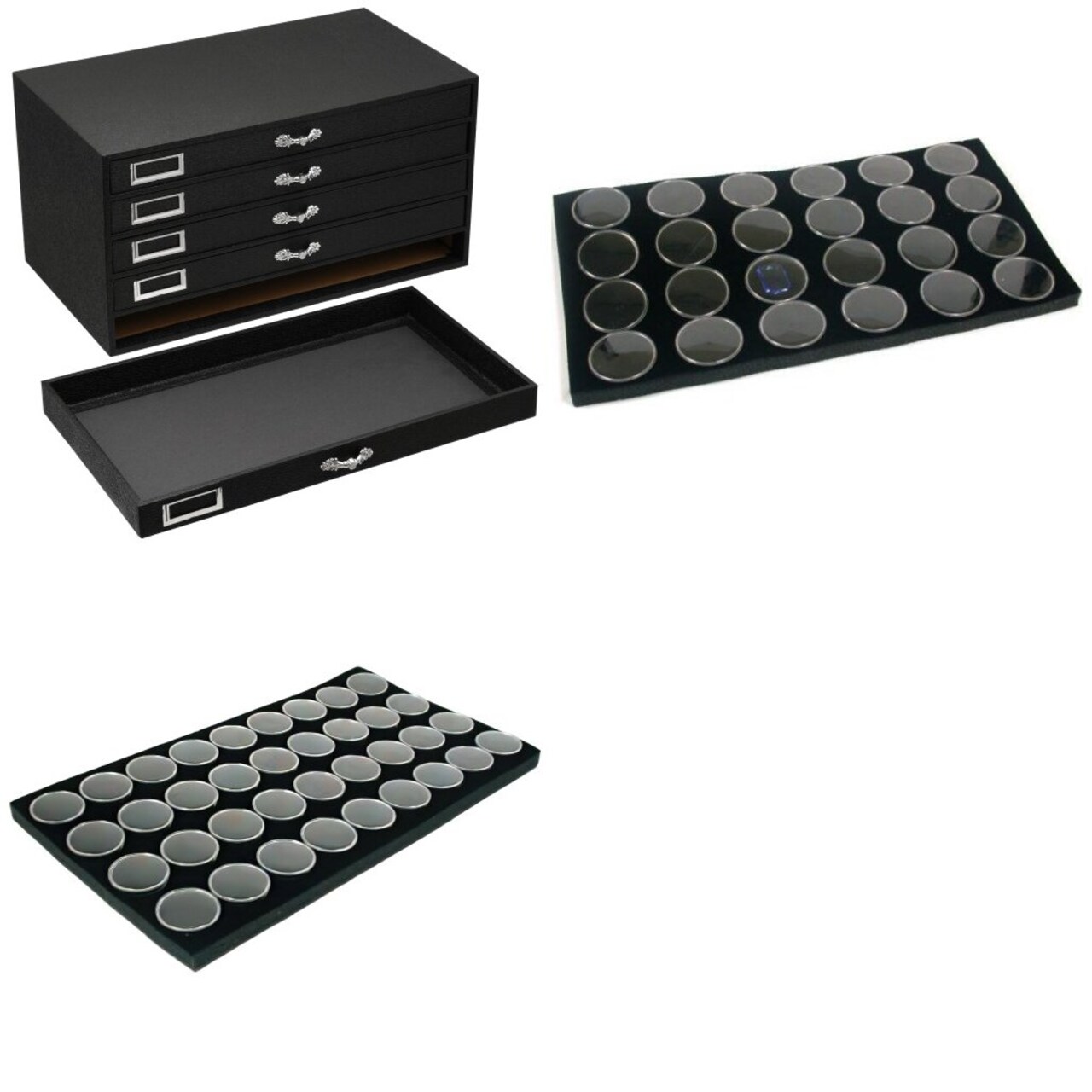 Black FindingKing 5-Drawer Jewelry Storage Case w/ 5 Black Gem Jar Tray Inserts